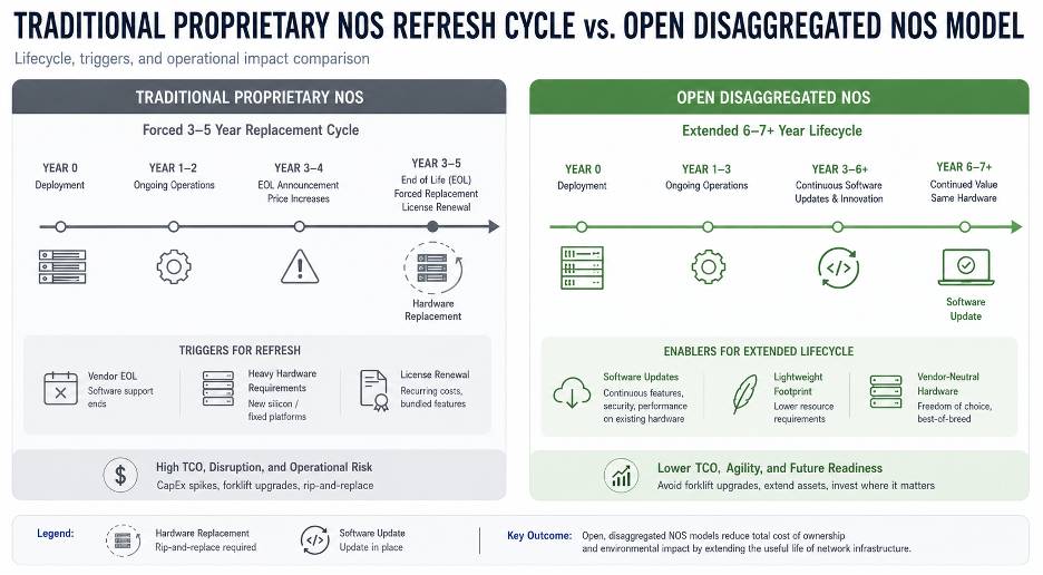 TRADITIONAL PROPRIETARY NOS REFRESH CYCLE vs. OPEN DISAGGREGATED NOS MODEL